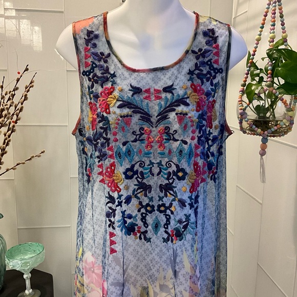 NWOT Biya X Johnny Was Rhandi Mesh Dress Midi Embroidered SMALL Missing Slip - Picture 2 of 10